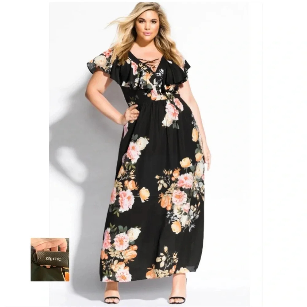 CITY CHIC NWT Black Tuscan Rose Maxi Dress